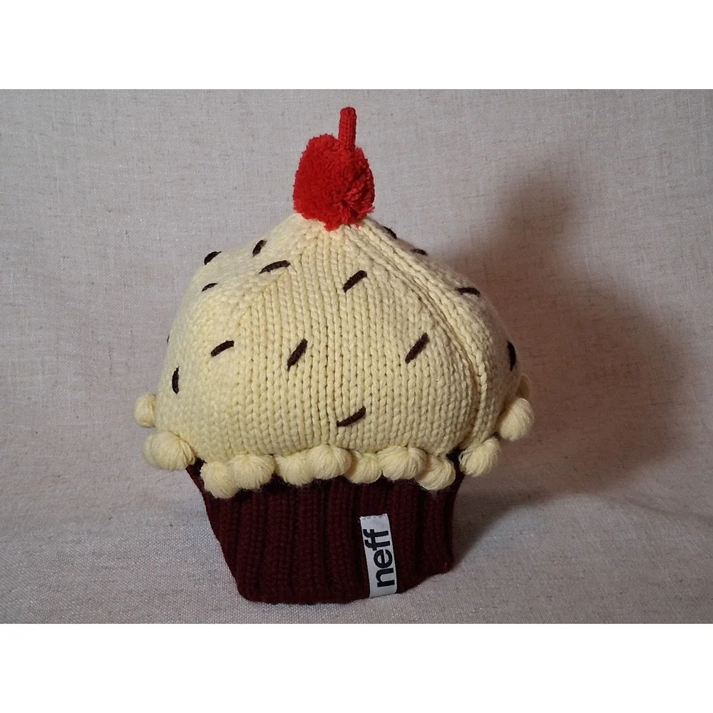 Neff Cupcake‎ Beanie Kids Knit Winter Hat Brown Cream Red Cherry Pom Pom